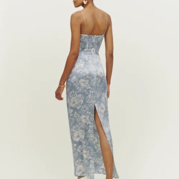 NWOT Reformation Frankie Silk Dress in Porcelain Blue White Floral Print - Picture 7 of 11